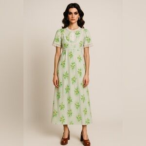 Vintage handmade 70s knit stretch midi empire waist dress w cameo lace trim. S